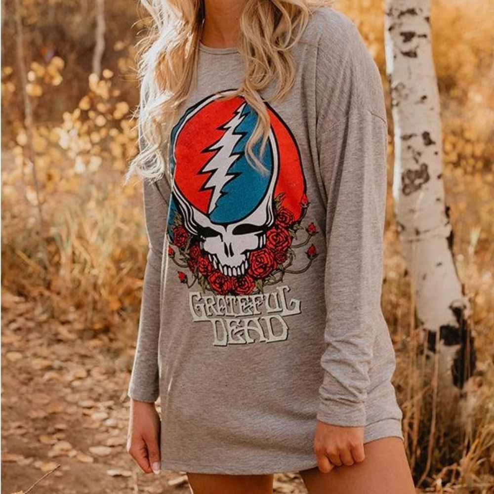 People of Leisure Grateful Dead Skull Long Sleeve Mustard Yellow Tee Size Small